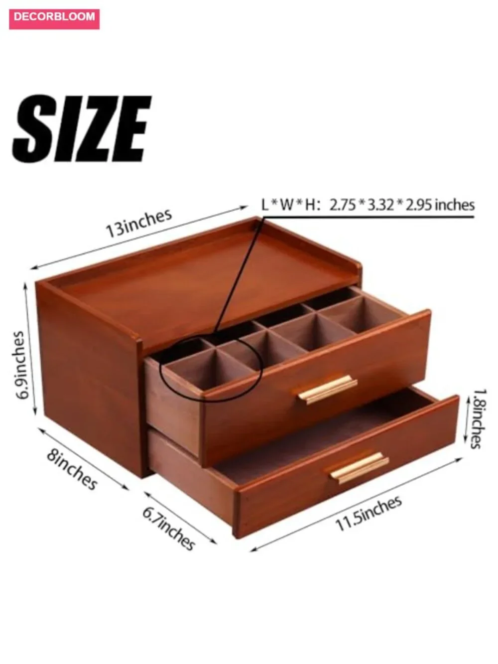 Solid Wood Tea Organizer with Drawer and 8 Compartments, Teabag Holder Storage